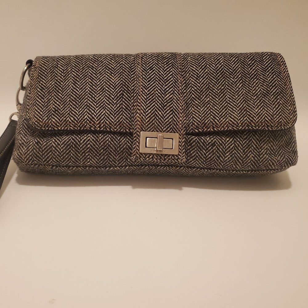 VTG Nine West gray herringbone tweed baguette purse, convertible